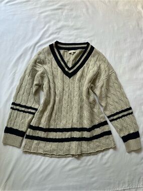 Moon River Grey V-Neck Sweater with Navy Stripe Trim